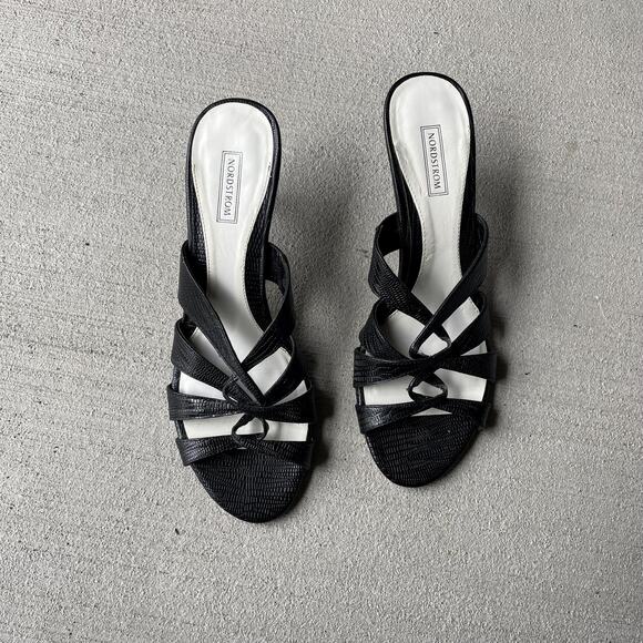 90s vintage black leather kitten heel nordstrom vero curio strappy sandal US 8.5 - Picture 1 of 7